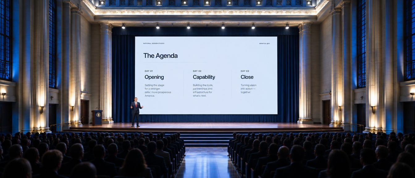 A presenter on the USNEXT stage in front of a full auditorium.