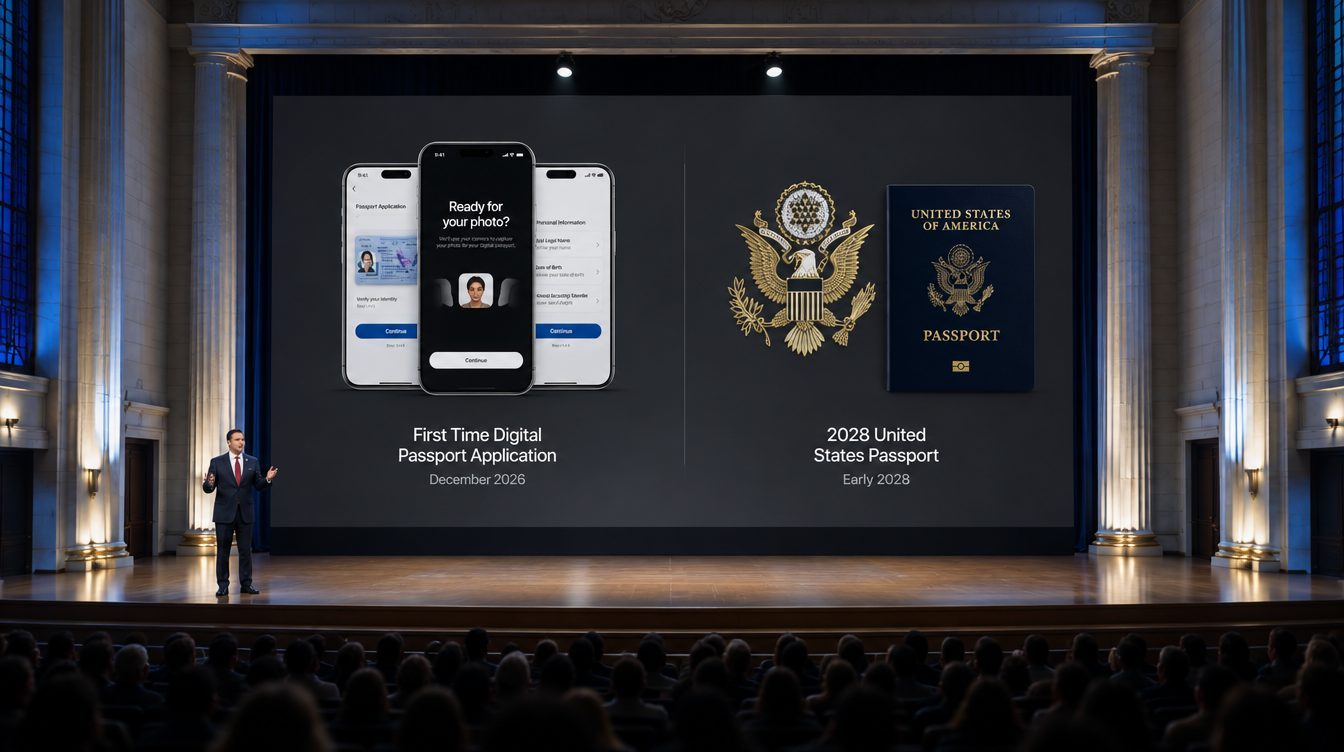 The digital passport application beside the new 2028 United States passport.
