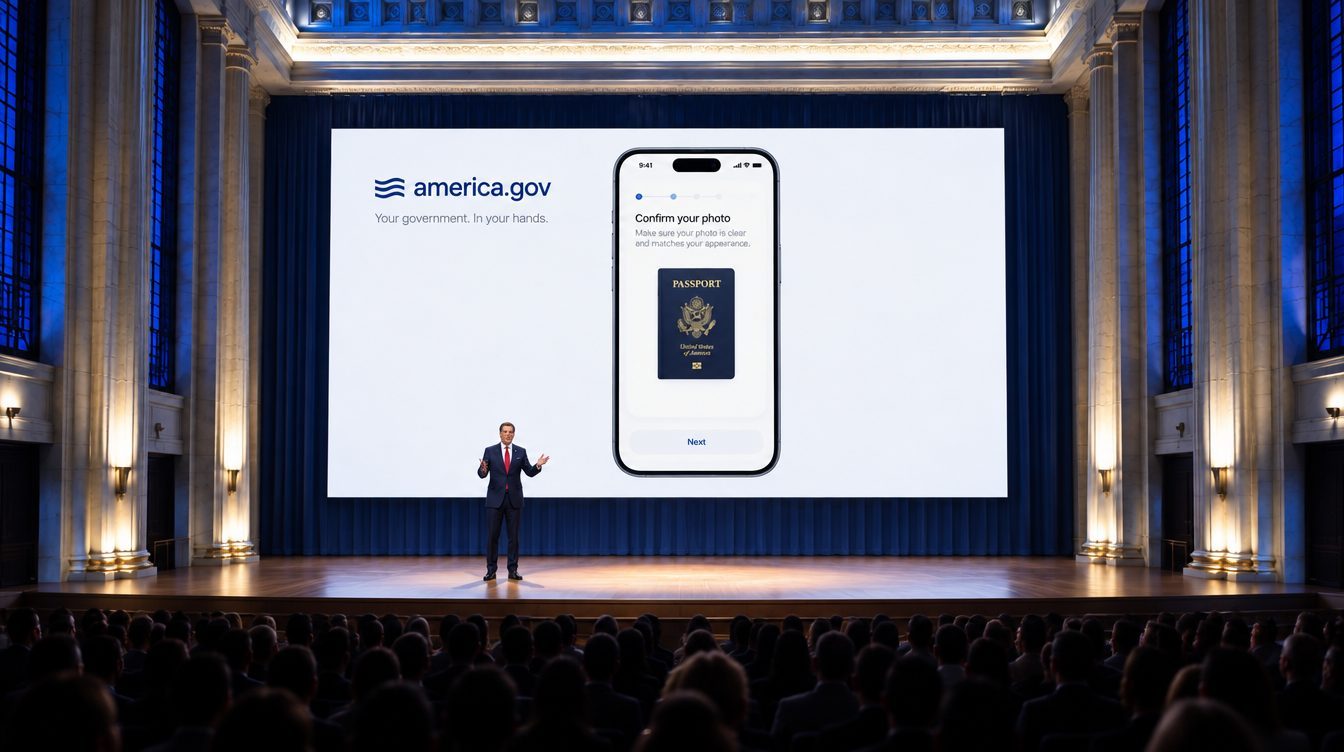 The america.gov app shown on stage, confirming a passport photo.