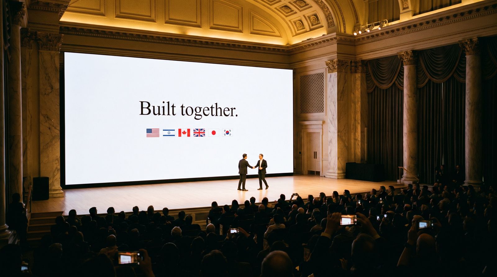 Two officials shake hands on stage beneath a slide reading Built together, with six national flags.