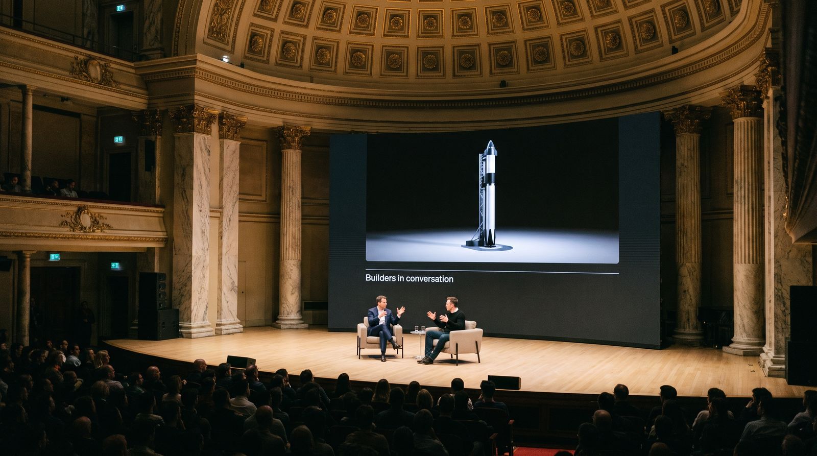 Two people in conversation in armchairs on the USNEXT stage, a rocket on the screen behind them.