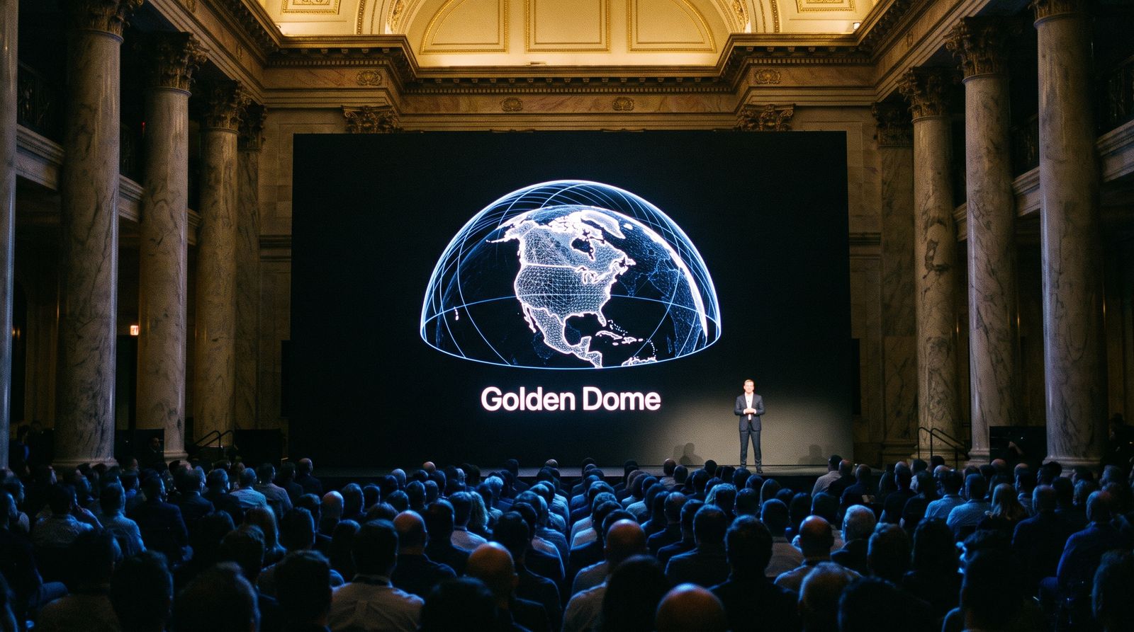 A darkened auditorium watching a slide of a protective dome over North America.