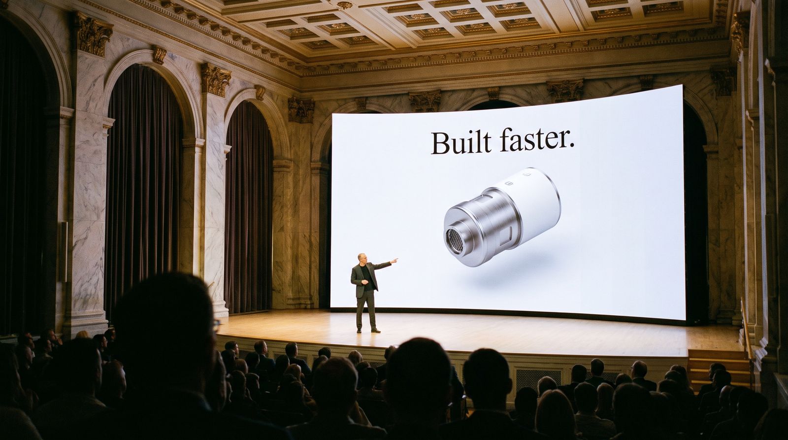 A presenter on stage in front of a slide of a compact nuclear reactor.