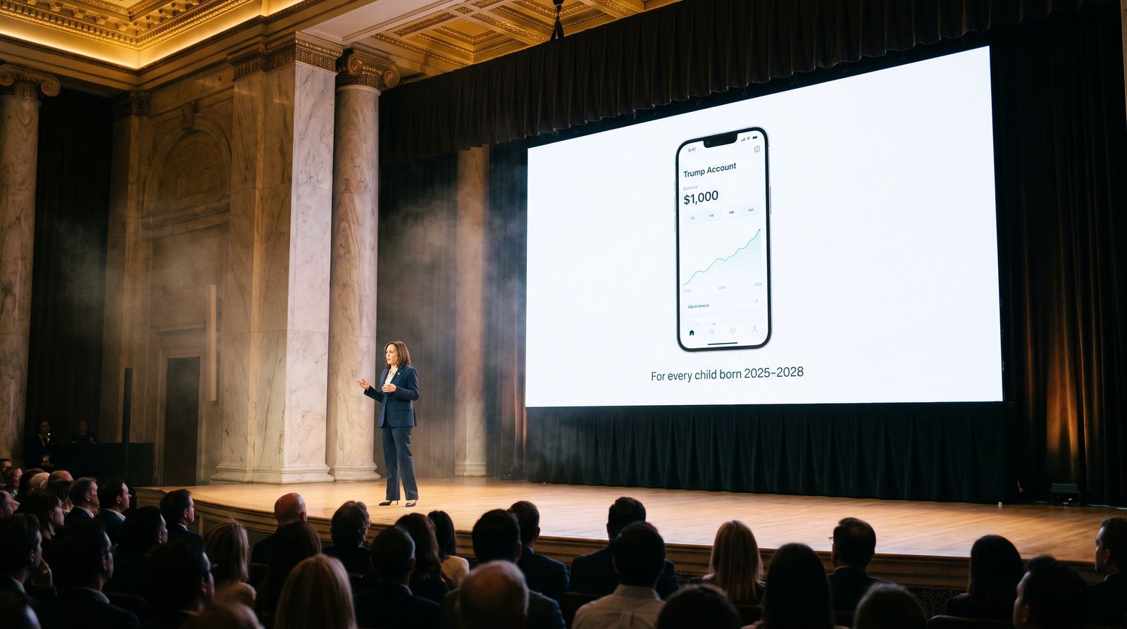 A presenter on stage in front of the Trump Account app showing a $1,000 balance.