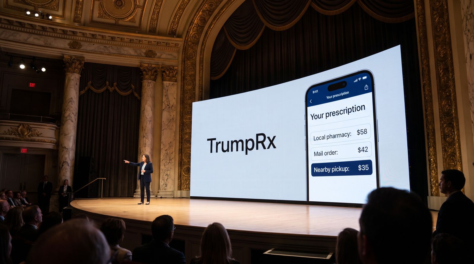 A presenter on stage in front of the TrumpRx app comparing medicine prices.